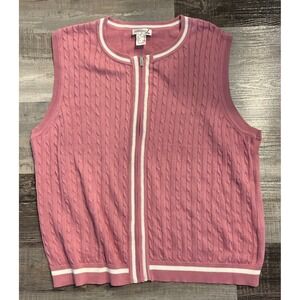 Collection L‎ Pink Cable Knit Zip Front Sweater Vest White Trim Womens Size 18